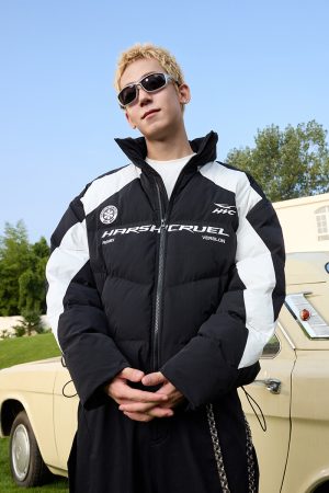Black and White Color Block Splicing Racing Jacket - Self-Heating Graphene Cotton - Urban Street Style
