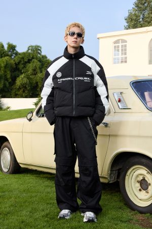 Black and White Color Block Splicing Racing Jacket - Self-Heating Graphene Cotton - Urban Street Style