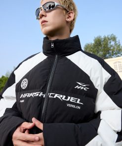 Black and White Color Block Splicing Racing Jacket - Self-Heating Graphene Cotton - Urban Street Style