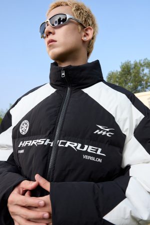 Black and White Color Block Splicing Racing Jacket - Self-Heating Graphene Cotton - Urban Street Style