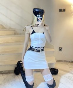 Black and White Lace Splicing Bodycon Dress Two-Piece Set - Sexy Slim Fit Camisole for Hot Girl Style