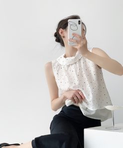 Black and White Polka Dot Lapel Double-Layer Sleeveless Tencel Top - Women's Vintage Summer Shirt, French Style Fashion