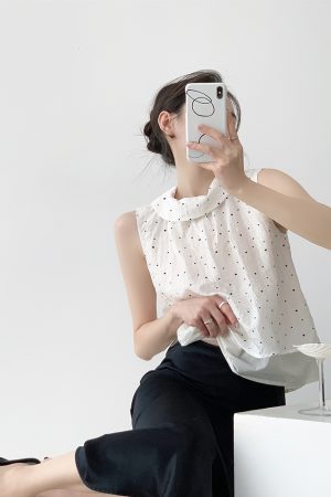 Black and White Polka Dot Lapel Double-Layer Sleeveless Tencel Top - Women's Vintage Summer Shirt, French Style Fashion