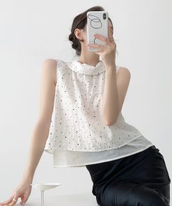 Black and White Polka Dot Lapel Double-Layer Sleeveless Tencel Top - Women's Vintage Summer Shirt, French Style Fashion