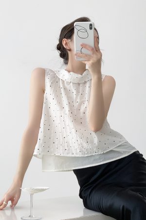 Black and White Polka Dot Lapel Double-Layer Sleeveless Tencel Top - Women's Vintage Summer Shirt, French Style Fashion