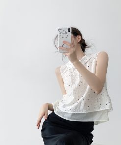 Black and White Polka Dot Lapel Double-Layer Sleeveless Tencel Top - Women's Vintage Summer Shirt, French Style Fashion