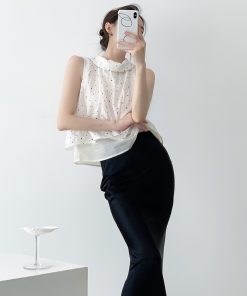 Black and White Polka Dot Lapel Double-Layer Sleeveless Tencel Top - Women's Vintage Summer Shirt, French Style Fashion