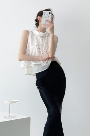 Black and White Polka Dot Lapel Double-Layer Sleeveless Tencel Top - Women's Vintage Summer Shirt, French Style Fashion