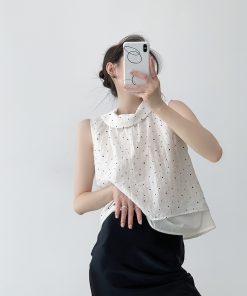 Black and White Polka Dot Lapel Double-Layer Sleeveless Tencel Top - Women's Vintage Summer Shirt, French Style Fashion