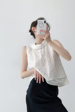 Black and White Polka Dot Lapel Double-Layer Sleeveless Tencel Top - Women's Vintage Summer Shirt, French Style Fashion