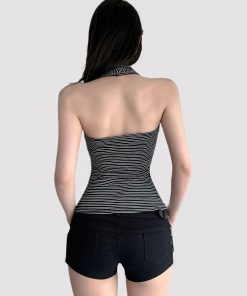 Black and White Striped Color-Blocking Halter Top - Retro Backless Waist-Cinching Design for Versatile Style