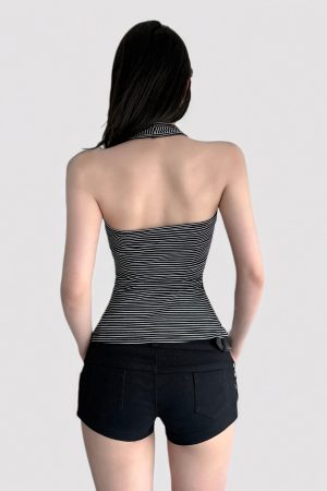 Black and White Striped Color-Blocking Halter Top - Retro Backless Waist-Cinching Design for Versatile Style