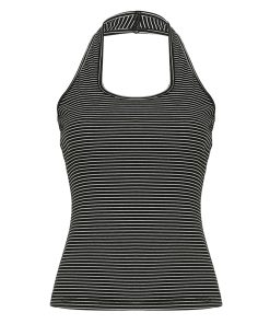 Black and White Striped Color-Blocking Halter Top - Retro Backless Waist-Cinching Design for Versatile Style