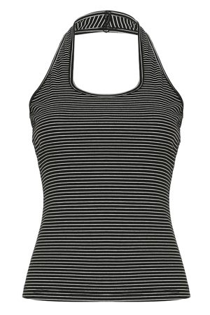 Black and White Striped Color-Blocking Halter Top - Retro Backless Waist-Cinching Design for Versatile Style