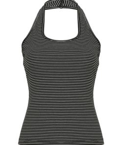 Black and White Striped Color-Blocking Halter Top - Retro Backless Waist-Cinching Design for Versatile Style