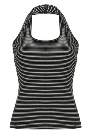 Black and White Striped Color-Blocking Halter Top - Retro Backless Waist-Cinching Design for Versatile Style