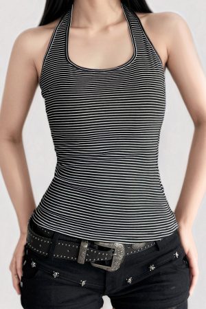 Black and White Striped Color-Blocking Halter Top - Retro Backless Waist-Cinching Design for Versatile Style