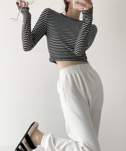 Black and White Striped Fitted Long Sleeve T-Shirt for Women, Knitted Autumn Winter Top, Casual Ins Style