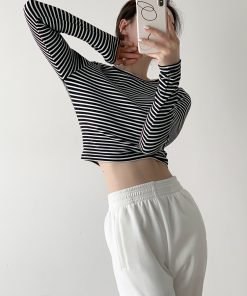 Black and White Striped Fitted Long Sleeve T-Shirt for Women, Knitted Autumn Winter Top, Casual Ins Style
