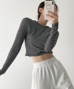 Black and White Striped Fitted Long Sleeve T-Shirt for Women, Knitted Autumn Winter Top, Casual Ins Style
