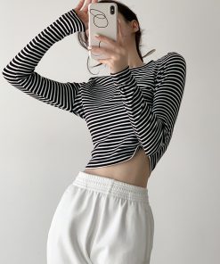 Black and White Striped Fitted Long Sleeve T-Shirt for Women, Knitted Autumn Winter Top, Casual Ins Style