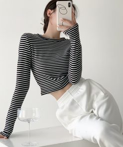 Black and White Striped Fitted Long Sleeve T-Shirt for Women, Knitted Autumn Winter Top, Casual Ins Style