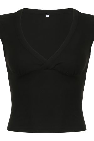 Black Basic V-Neck Mesh Spliced Short Sleeve T-Shirt - Versatile Sexy Low-Cut Waist-Defining Top for Women - Summer Essential