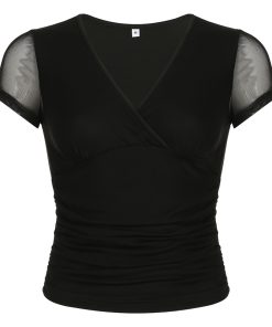 Black Basic V-Neck Mesh Spliced Short Sleeve T-Shirt - Versatile Sexy Low-Cut Waist-Defining Top for Women - Summer Essential