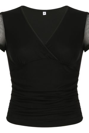 Black Basic V-Neck Mesh Spliced Short Sleeve T-Shirt - Versatile Sexy Low-Cut Waist-Defining Top for Women - Summer Essential