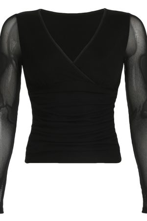 Black Basic V-Neck Mesh Spliced Short Sleeve T-Shirt - Versatile Sexy Low-Cut Waist-Defining Top for Women - Summer Essential