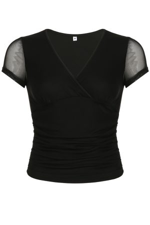 Black Basic V-Neck Mesh Spliced Short Sleeve T-Shirt - Versatile Sexy Low-Cut Waist-Defining Top for Women - Summer Essential