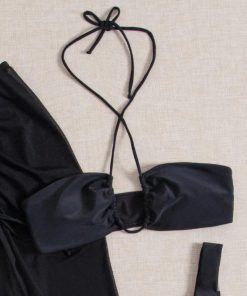 Black Body-Shaping Split Long Skirt Bikini Three-Piece Set for Women - Sexy Small Bust Gathering Swimsuit for Hot Spring Style