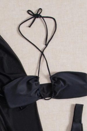 Black Body-Shaping Split Long Skirt Bikini Three-Piece Set for Women - Sexy Small Bust Gathering Swimsuit for Hot Spring Style