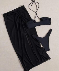 Black Body-Shaping Split Long Skirt Bikini Three-Piece Set for Women - Sexy Small Bust Gathering Swimsuit for Hot Spring Style