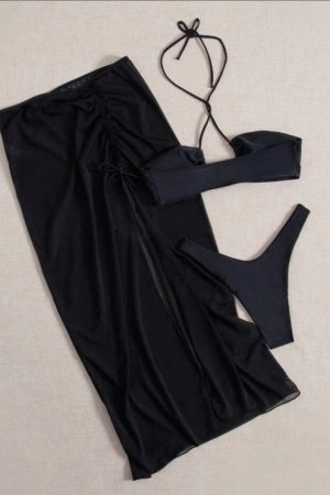 Black Body-Shaping Split Long Skirt Bikini Three-Piece Set for Women - Sexy Small Bust Gathering Swimsuit for Hot Spring Style