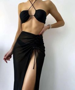 Black Body-Shaping Split Long Skirt Bikini Three-Piece Set for Women - Sexy Small Bust Gathering Swimsuit for Hot Spring Style