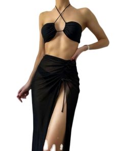 Black Body-Shaping Split Long Skirt Bikini Three-Piece Set for Women - Sexy Small Bust Gathering Swimsuit for Hot Spring Style