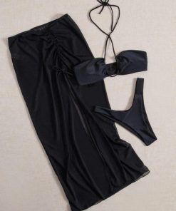 Black Body-Shaping Split Long Skirt Bikini Three-Piece Set for Women - Sexy Small Bust Gathering Swimsuit for Hot Spring Style