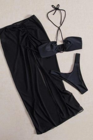 Black Body-Shaping Split Long Skirt Bikini Three-Piece Set for Women - Sexy Small Bust Gathering Swimsuit for Hot Spring Style