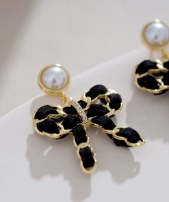 Black Bowknot Stud Earrings - High-Quality Woven French Vintage Ear Accessories, Niche Hong Kong Style, Elegant Design