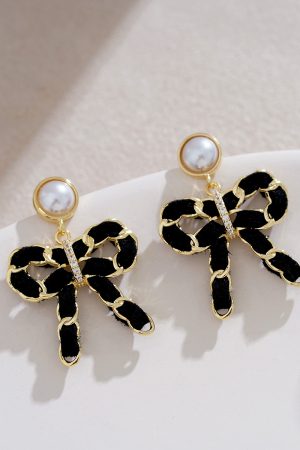 Black Bowknot Stud Earrings - High-Quality Woven French Vintage Ear Accessories, Niche Hong Kong Style, Elegant Design