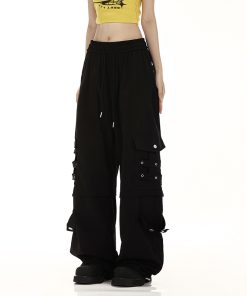 Black Cargo Pants for Women - Summer Trendy Wide-Leg Hip-Hop Style with Multi-Pockets - Casual Street Dance Fashion
