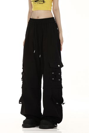 Black Cargo Pants for Women - Summer Trendy Wide-Leg Hip-Hop Style with Multi-Pockets - Casual Street Dance Fashion