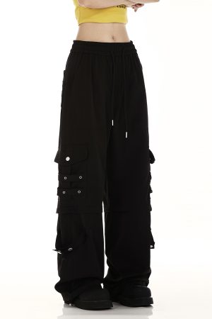 Black Cargo Pants for Women - Summer Trendy Wide-Leg Hip-Hop Style with Multi-Pockets - Casual Street Dance Fashion