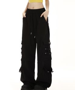 Black Cargo Pants for Women - Summer Trendy Wide-Leg Hip-Hop Style with Multi-Pockets - Casual Street Dance Fashion