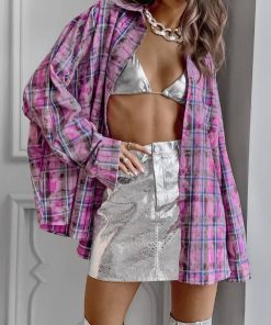 Black Clothes Fashion Woman, Highschool Outfits Dresscode - Pink Plaid Shirt