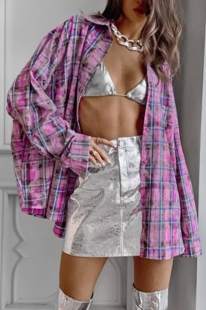 Black Clothes Fashion Woman, Highschool Outfits Dresscode - Pink Plaid Shirt