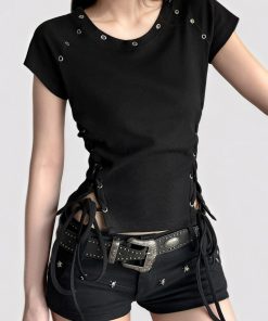 Black Cross Strap Waist-Baring Short Sleeve T-Shirt - Retro American Street Style Waist-Cinching Summer Top for Women