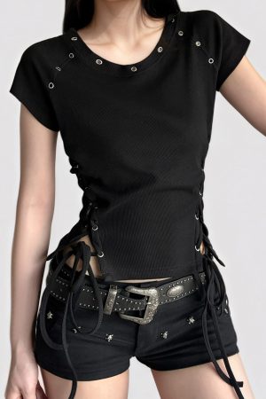 Black Cross Strap Waist-Baring Short Sleeve T-Shirt - Retro American Street Style Waist-Cinching Summer Top for Women