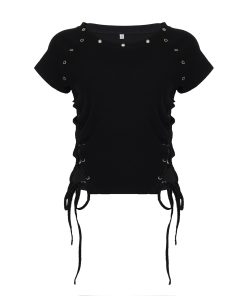Black Cross Strap Waist-Baring Short Sleeve T-Shirt - Retro American Street Style Waist-Cinching Summer Top for Women